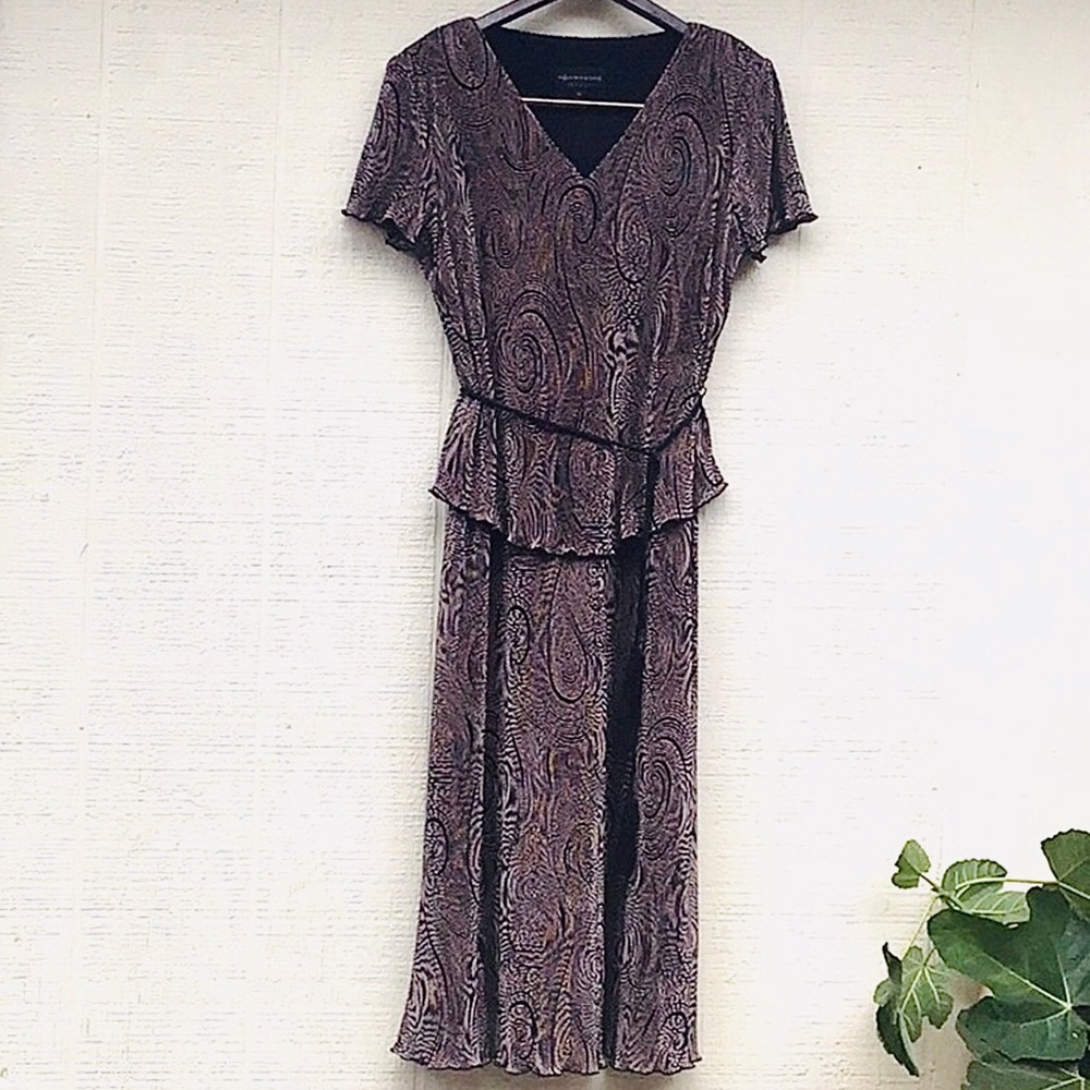 Vintage 90s Y2K shoulder pads paisley textured dress with tassel belt